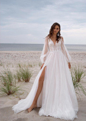Ivory Lace Polka Dots Tulle Slit Flowing Wedding Dress